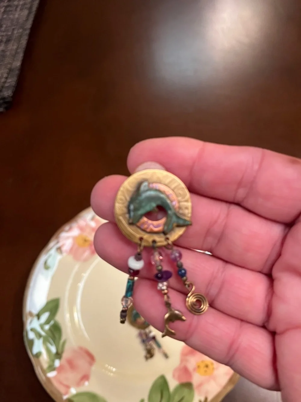 Artisan vintage 1990 Dolphin Drop Earrings - Teal & Purple Beads